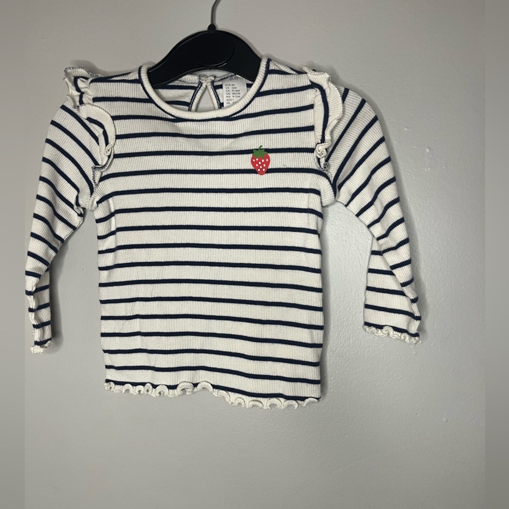 H&M Blue & White Striped Strawberry Long Sleeve Shirt Girls Size 12 Months - Picture 1 of 1